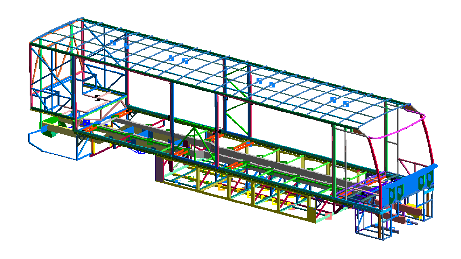 Figure 6: Normal modes analysis using Femap and NX Nastran verified that road noise was contributing to the vibration behavior of this motor home coach frame. Normal modes analysis using Femap and NX Nastran verified that road noise was contributing to the vibration behavior of this motor home coach frame.