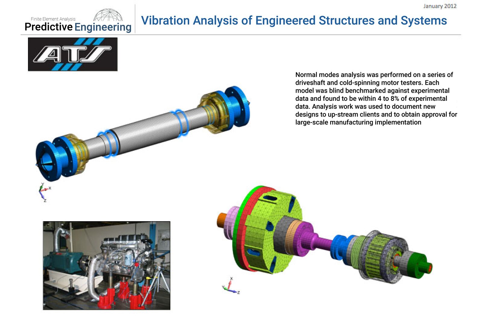 Figure 2: Normal modes analysis was performed on a series of driveshaft and cold-spinning motor testers. Each model was blind benchmarked against experimental data and found to be within 4 to 8% of experimental data. Normal modes analysis was performed on a series of driveshaft and cold-spinning motor testers. Each model was blind benchmarked against experimental data and found to be within 4 to 8% of experimental data.
